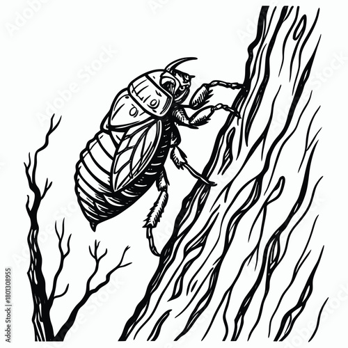 Bold drawing depicts a cicada climbing up tree trunk using its legs outdoors