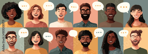 Un gruppo diversificato di persone che comunicano con fumetti di dialogo, che rappresentano la conversazione e la connessione.