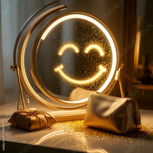 A round vanity mirror with a glowing golden smiley face and sparkling particles, evoking a joyful and magical mood, set on a reflective surface against a dark, softly lit background