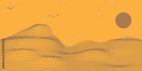 Vector abstract art landscape mountain with birds and sunrise sunset by golden line art texture isolated on dark grey black background. Minimal luxury style for wallpaper, wall art decoration.
