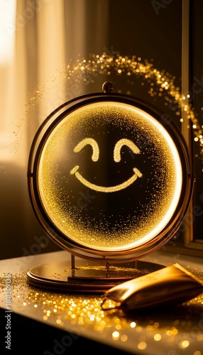  A vanity mirror with a glowing smiley face and golden glitter, creating a happy and luxurious mood, placed on a dressing table with makeup bags against a soft-lit background