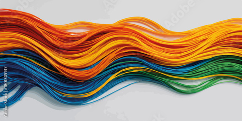 Onde colorate di fili sottili creano un motivo astratto vibrante su sfondo chiaro.