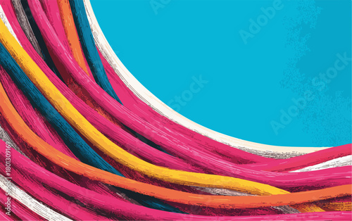 Fascio di cavi colorati su sfondo blu brillante, simbolo di connessione e comunicazione.