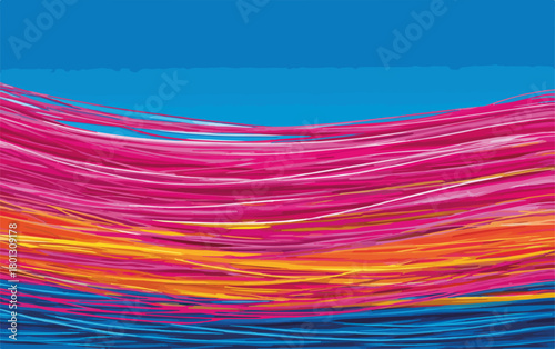 Onda di colori vibranti e astratti su sfondo blu, un flusso dinamico di linee curve.