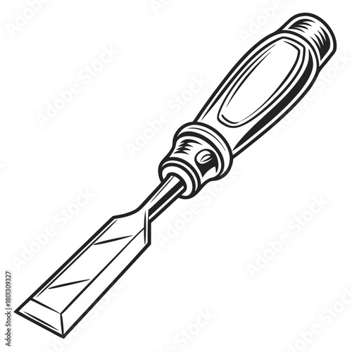 A monochrome chisel with a wood handle lies diagonally and shows fine artistic detail
