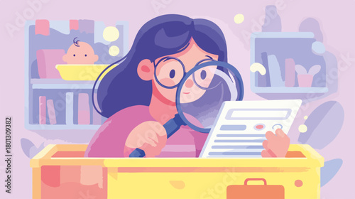 Donna con lente d'ingrandimento esamina un documento, concetti di ricerca e analisi.