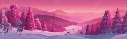 Paesaggio invernale stilizzato con cervi in un tramonto rosa e viola, un'illustrazione vettoriale.
