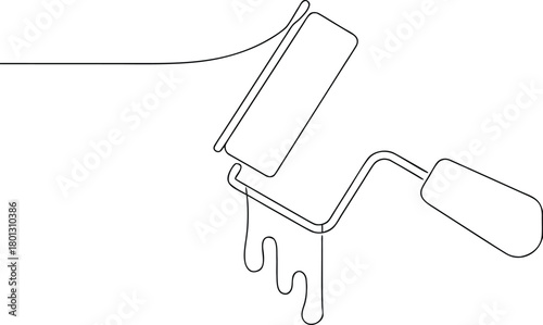 Single line drawing of a paint roller with dripping paint