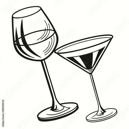 Two elegant monochrome cocktail glasses are silhouetted against a stark white background perfectly