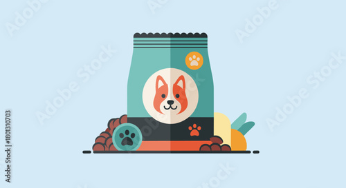 Illustration of a dog food bag featuring a Corgi face, surrounded by dry kibble, vegetables, and paw print icons, emphasizing healthy pet nutrition.