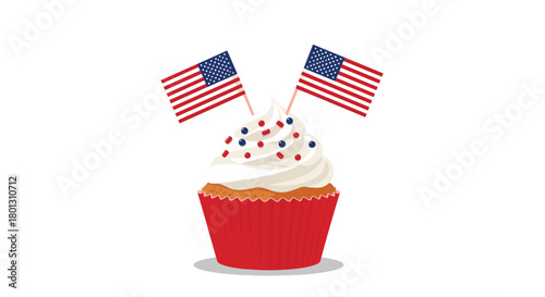 A festive American cupcake decorated with white frosting, red and blue sprinkles, and two US flags, perfect for patriotic celebrations.