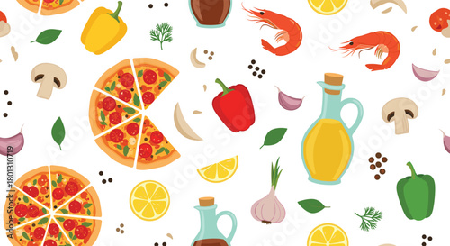 A vibrant seamless pattern featuring popular pizza and Italian cooking ingredients like fresh vegetables, spices, oil, and shrimp on a white background.