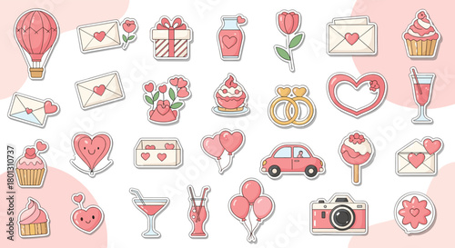 A charming collection of doodle-style pink and white romantic stickers for Valentine's Day and love-themed celebrations.