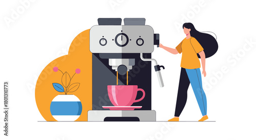 A young woman uses a sleek espresso machine to brew fresh coffee into a pink cup, accompanied by a decorative potted plant.