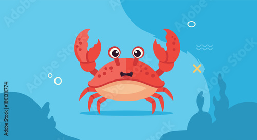 A cheerful red cartoon crab with big claws and eyes swims in a bright blue ocean with playful bubbles and abstract marine life.