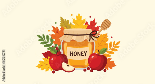 Sweet autumn illustration featuring a jar of golden honey, fresh red apples and a slice, with a wooden dipper, surrounded by vibrant fall leaves.