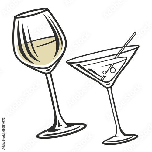 Wine and martini glasses showcase elegant drinkware against a clean, bright, white backdrop