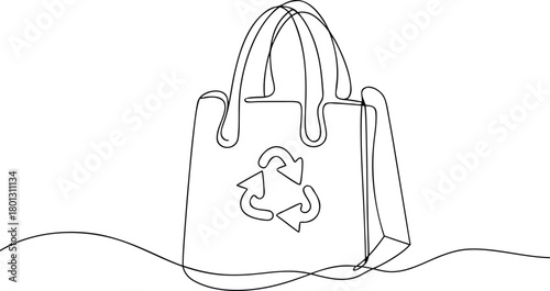 Single line drawing of a reusable shopping bag with recycle symbol