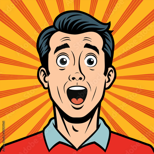 Face of an admiring or surprised young man. Retro pop art comic style. Vector illustration.