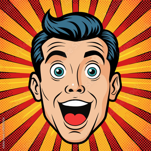 Face of an admiring or surprised young man. Retro pop art comic style. Vector illustration.