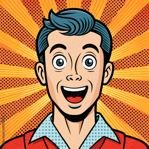 Face of an admiring or surprised young man. Retro pop art comic style. Vector illustration.