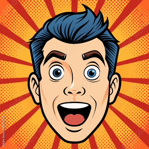 Face of an admiring or surprised young man. Retro pop art comic style. Vector illustration.