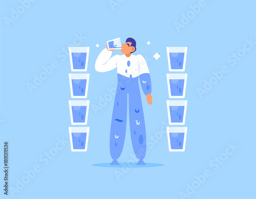 Illustration of a man drinking 8 glasses of water a day to meet his daily water needs. Concept of daily human drinking water needs. Maintaining health, intake, and preventing dehydration. Flat design 