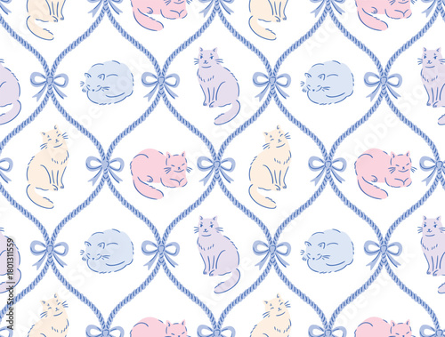 Vector cute cat coquette seamless pattern.  Blue ribbon bow and cats on white background for fabric , wallpaper or wrapping paper. Stylish neutral light print design. 