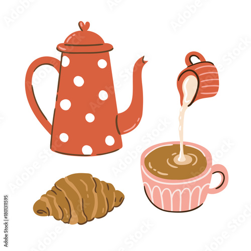 Сroissant, kettle and cup of coffee vector illustration. Doodle coffee time concept. coffee clip art isolated on white background