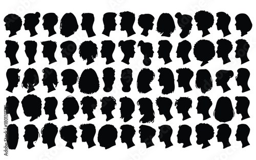 Collection of diverse black silhouette profiles of women s hairstyles and heads
