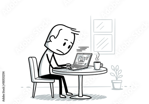 Line Art Illustration of Person Using Laptop at Desk