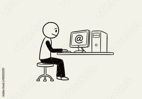 Simple Line Art of Person Working on Computer