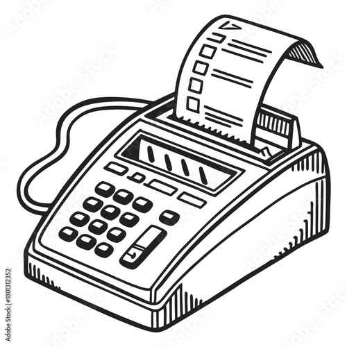 A black and white sketch shows a wired office adding machine with printing paper