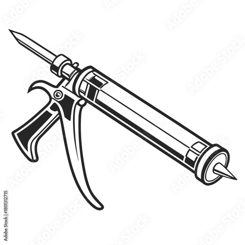 Black and white presents a caulking gun with detailed line work showcasing its distinct parts