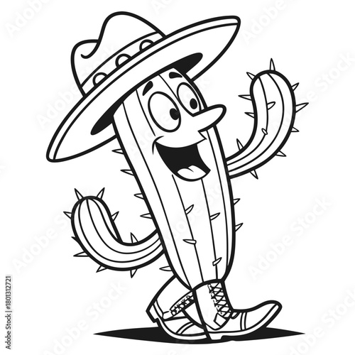 Animated cactus character dons a cowboy hat and boots, waving cheerfully in monochrome