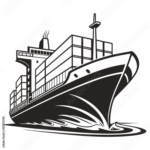 Massive container ship sails powerfully through the water leaving swirling wakes behind it