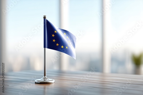 European Union Flag Standing On Desk In Bright Office With Skyline View. EU Governance, Business, Diplomacy, Political Symbols, Corporate Visuals