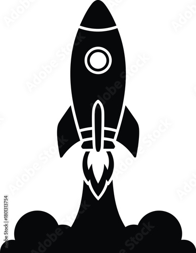 A simple black and white illustration of a rocket launching into the sky