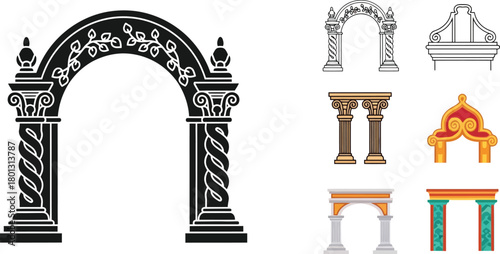 Architectural elements arches columns and decorative details in black and white