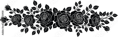 A delicate black and white floral garland featuring blooming roses and leaves
