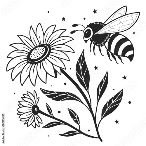 A detailed line art shows a bee pollinating flowers near stars and dots
