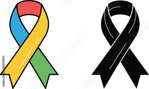 Colorful awareness ribbons and a black ribbon symbolizing loss or mourning
