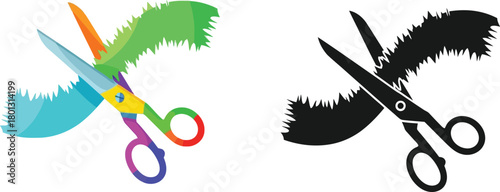 Colorful and monochrome scissors cutting ribbon a visual design element