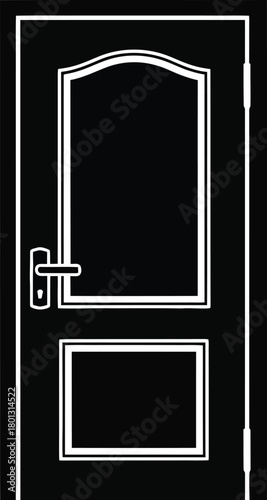 A simple illustration depicting a black door with a silver handle