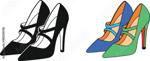 Elegant high heel shoes in black blue and green color variations