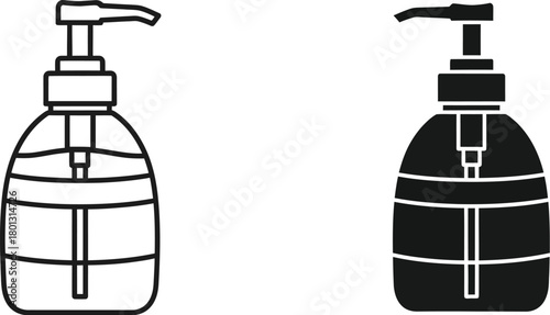 Two black and white line art illustrations of liquid pump dispensers