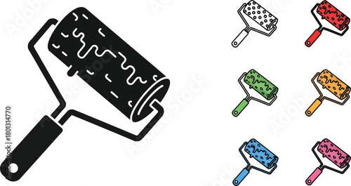 Colorful paint roller set illustrations with various patterned roller covers