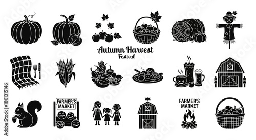 Autumn Harvest Festival Icon Set Pumpkins, Corn, Basket, Farmhouse, Squirrel, Family, Scarecrow, Farm Life Illustrations.