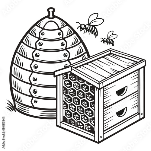 Two striped bees are flying near the skep and honeycomb wooden box