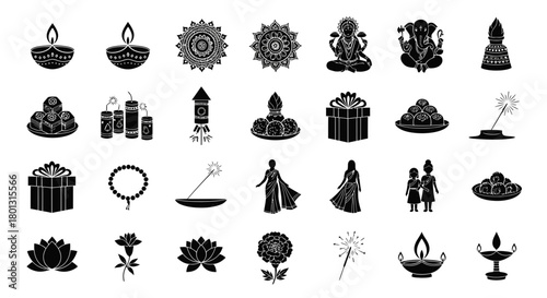  Diwali Festival Elements Black Icons White Background.